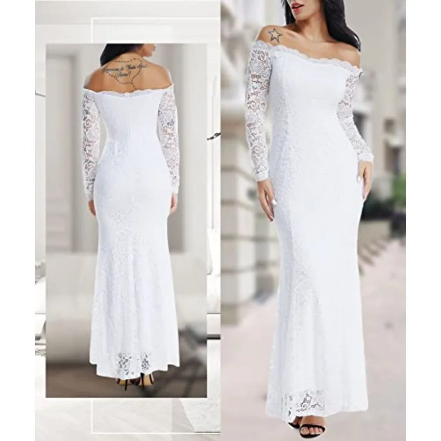 LALAGEN Women's Floral Lace Long Sleeve Off Shoulder Wedding Mermaid Dress