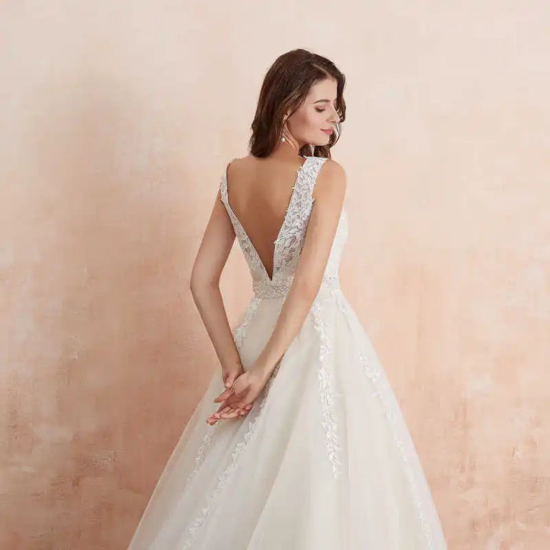 Abaowedding Women's Wedding Dress for Bride Lace Applique Evening Dress V Neck Straps Ball Gowns