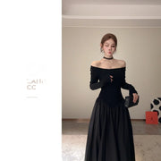 Black French Style Long Sleeve Square Collar