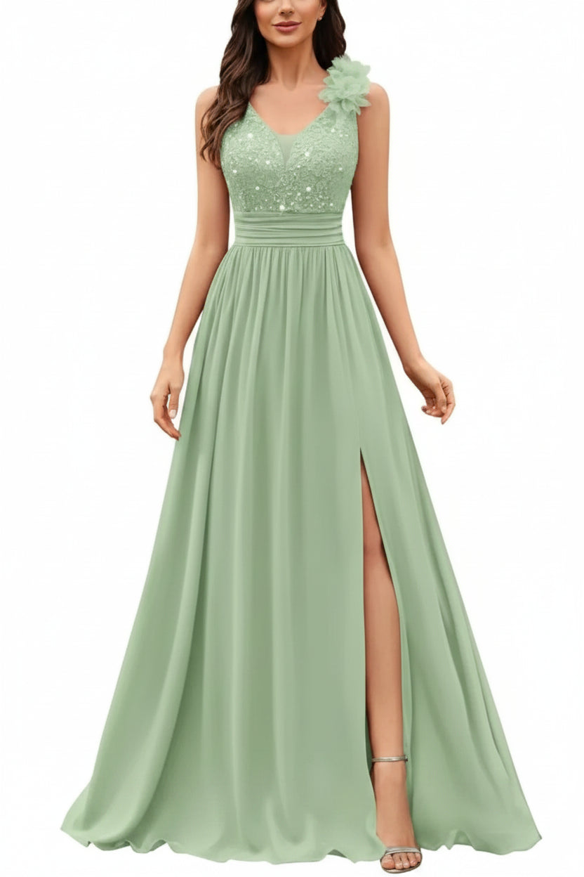 Sage Green Sequin Evening Gown with Thigh Slit and Floral Shoulder Detail