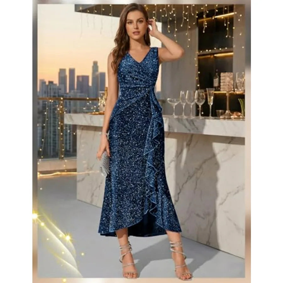Evening Gown with Ruched Mock-Wrap and Ruffle Slit Navy Blue Shimmer V-Neck