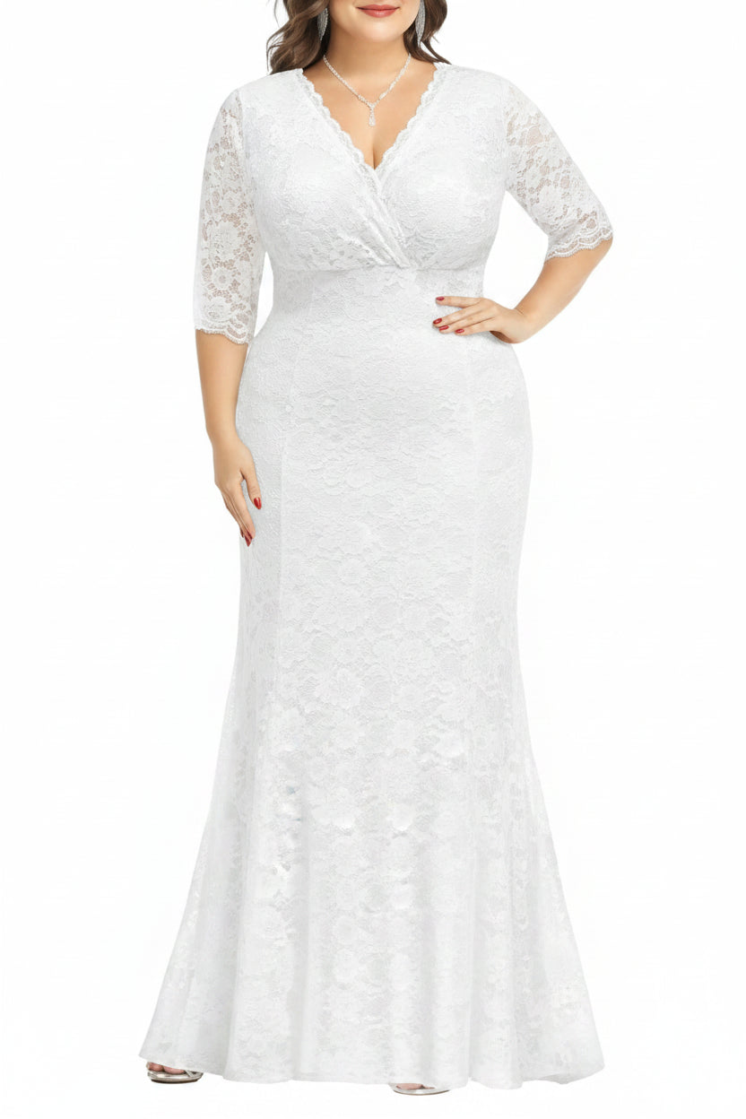 Wedding Dresses for Bride Plus Size - Mermaid Formal Evening Gown Wrap Neck Lace Dress
