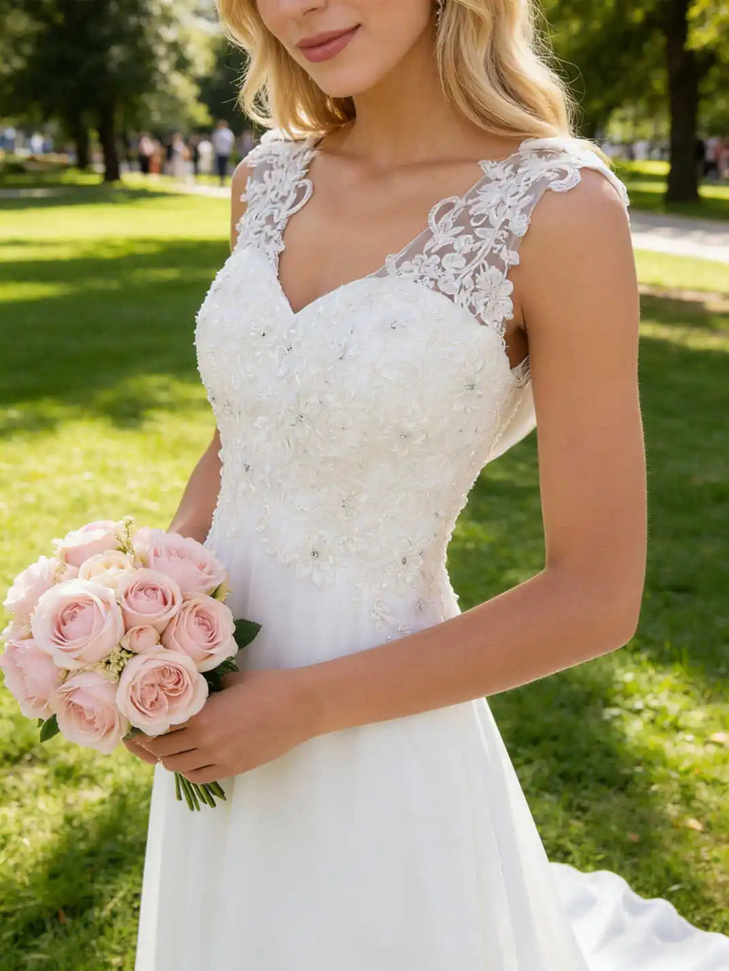 Abaowedding Women's Wedding Dress Lace Double V-Neck Sleeveless Evening Dress