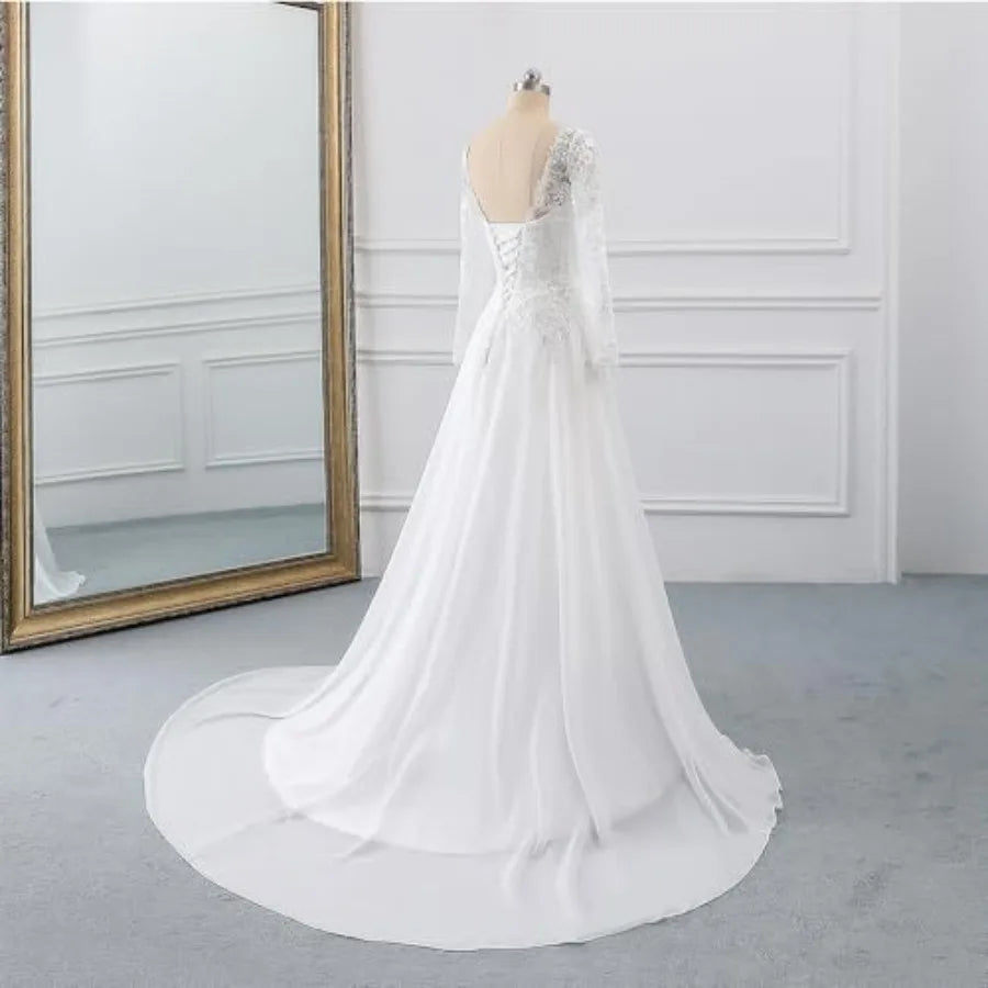 Wedding Dresses for Bride with Lace Appliques Chiffon A Line Women Dress Long Sleeves Beach Bride Dress